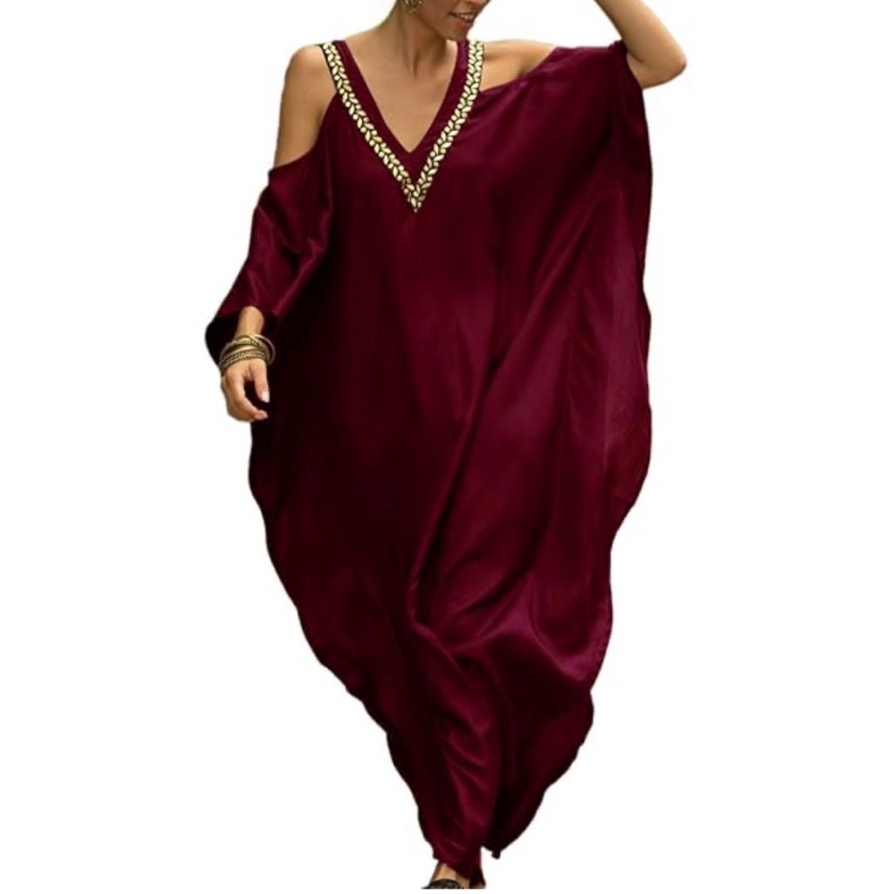 Plus Size V-Neck Kaftan Dress with Cold Shoulder Batwing Sleeves
- Wine